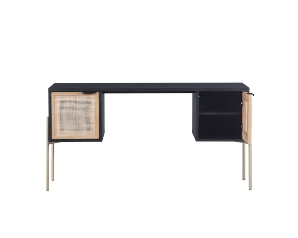 Sunpan AVIDA Desk - Premium Black Oak & Natural Rattan with Polished Gold Legs for Modern Workspaces 106838