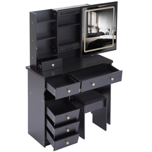 English Elm 37" Vanity Table Set with Led Mirror Stool Built-in Outlets and Hair Dryer Storage Black W3258P448840