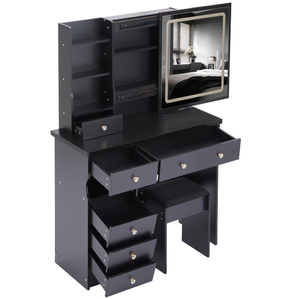 English Elm 37" Vanity Table Set with Led Mirror Stool Built-in Outlets and Hair Dryer Storage Black W3258P448840