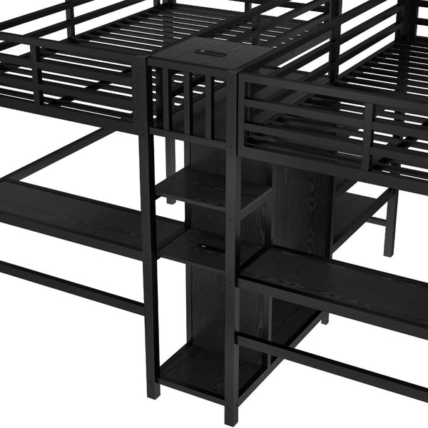 English Elm Twin Metal Loft Bed with Study Desk Wardrobe Shelving and Outlet for Kids Rooms Black W1580S00371