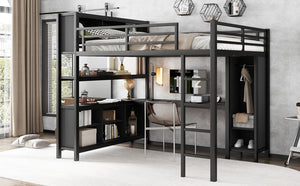 English Elm Metal Loft Bed With Wardrobe, L-Shaped Desk & Storage Cubes - Stylish Space-Saving Queen Solution W1580S00109