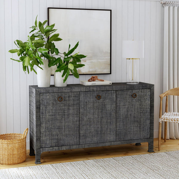 Butler Specialty Chatham 3-drawer Raffia Sideboard With Chic Woven Design And Elegant Brass Pulls For Stylish Storage Charcoal Gmelina Arborea Wood,Mdf,Maple Veneer,Raffia,Aluminum 9170420-butler