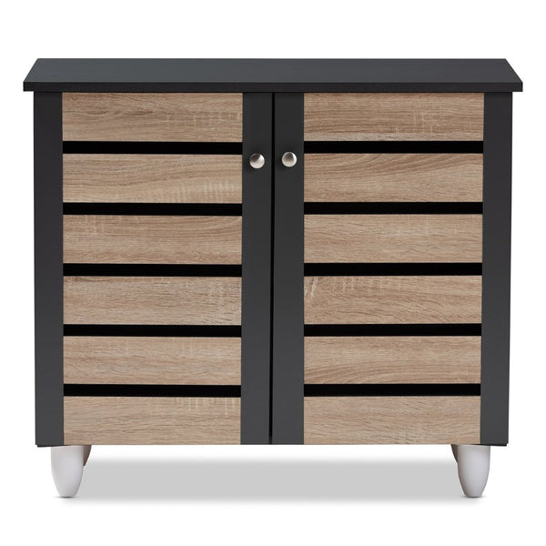 Baxton Studio Baxton Studio Gisela Modern Two-Tone Oak Shoe Storage Cabinet with Ventilated Doors for Entryways 2-Door SC865512M-Sonama Oak/Dark Grey-Shoe Cabinet