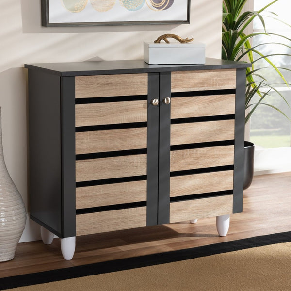 Baxton Studio Baxton Studio Gisela Modern Two-Tone Oak Shoe Storage Cabinet with Ventilated Doors for Entryways 2-Door SC865512M-Sonama Oak/Dark Grey-Shoe Cabinet