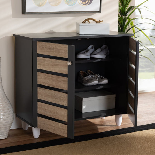 Baxton Studio Baxton Studio Gisela Modern Two-Tone Oak Shoe Storage Cabinet with Ventilated Doors for Entryways 2-Door SC865512M-Sonama Oak/Dark Grey-Shoe Cabinet