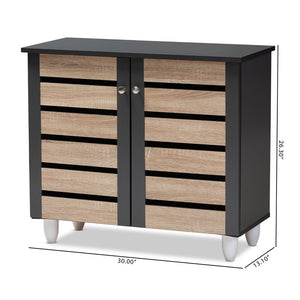 Baxton Studio Baxton Studio Gisela Modern Two-Tone Oak Shoe Storage Cabinet with Ventilated Doors for Entryways 2-Door SC865512M-Sonama Oak/Dark Grey-Shoe Cabinet