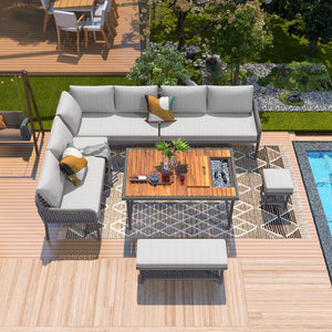 English Elm K&K 6-Piece Rope Patio L-Shaped Sectional Set with Acacia Wood Ice Box Table and Deep Cushions Grey N707S000014G