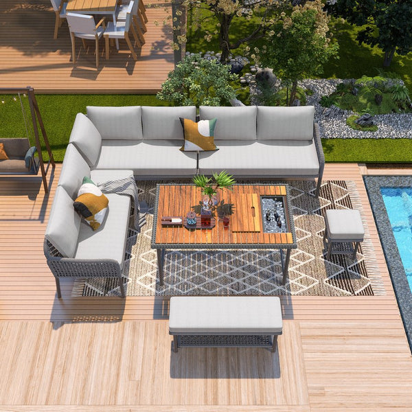 English Elm K&K 6-Piece Rope Patio L-Shaped Sectional Set with Acacia Wood Ice Box Table and Deep Cushions Grey N707S000014G