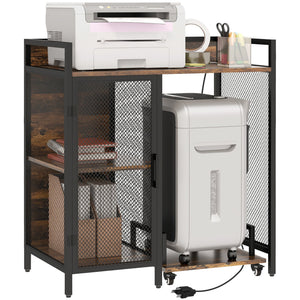 English Elm Vinsetto Rustic Brown Industrial Printer Stand with USB & AC Charging, 3-Level Adjustable Shelves, Wheels W2225P173910