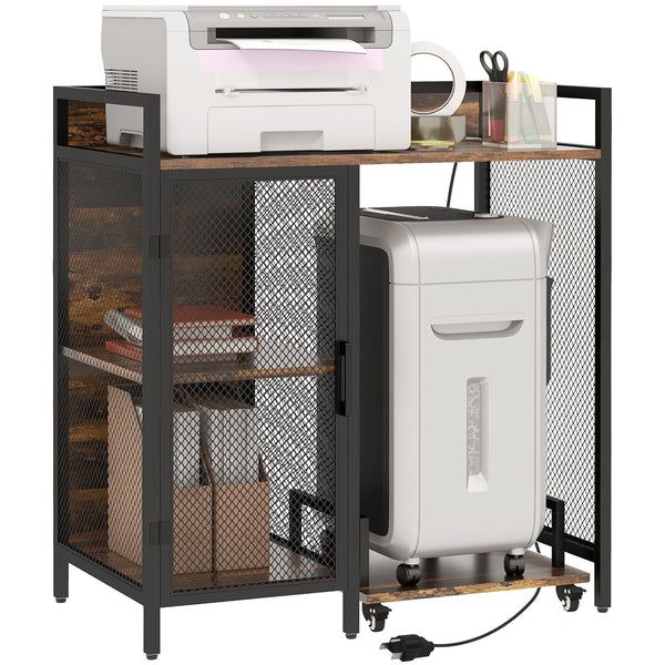 English Elm Vinsetto Rustic Brown Industrial Printer Stand with USB & AC Charging, 3-Level Adjustable Shelves, Wheels W2225P173910