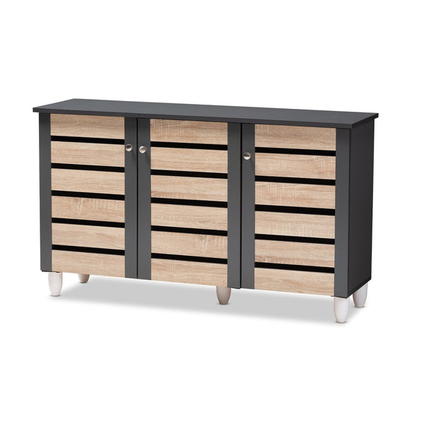 Baxton Studio Baxton Studio Gisela Modern Two-Tone Oak Shoe Storage Cabinet with Ventilated Doors for Entryways 3-Door SC865513M-Sonama Oak/Dark Grey-Shoe Cabinet