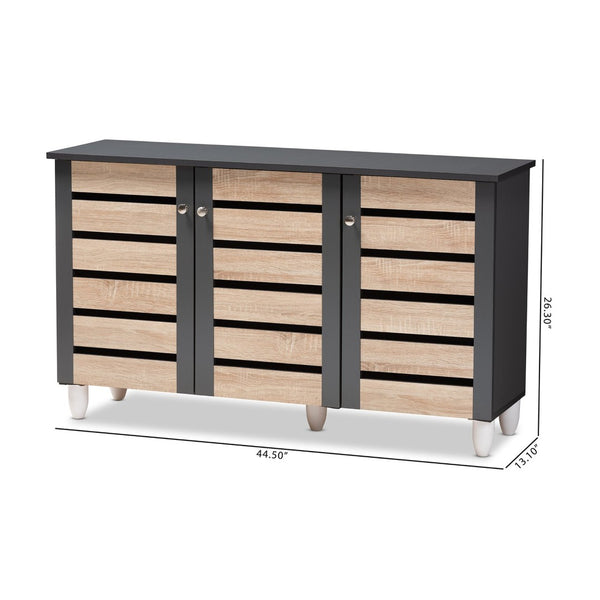 Baxton Studio Baxton Studio Gisela Modern Two-Tone Oak Shoe Storage Cabinet with Ventilated Doors for Entryways 3-Door SC865513M-Sonama Oak/Dark Grey-Shoe Cabinet