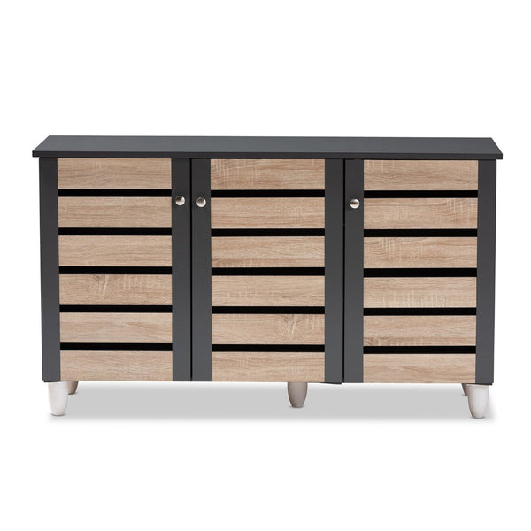 Baxton Studio Baxton Studio Gisela Modern Two-Tone Oak Shoe Storage Cabinet with Ventilated Doors for Entryways 3-Door SC865513M-Sonama Oak/Dark Grey-Shoe Cabinet