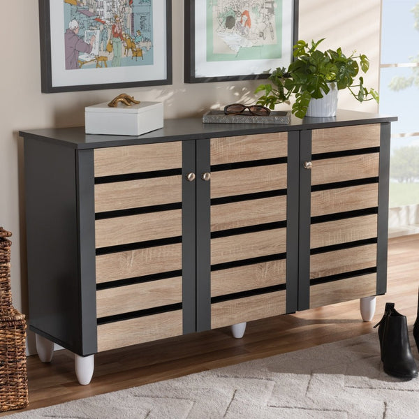 Baxton Studio Baxton Studio Gisela Modern Two-Tone Oak Shoe Storage Cabinet with Ventilated Doors for Entryways 3-Door SC865513M-Sonama Oak/Dark Grey-Shoe Cabinet
