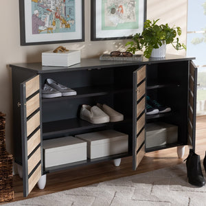 Baxton Studio Baxton Studio Gisela Modern Two-Tone Oak Shoe Storage Cabinet with Ventilated Doors for Entryways 3-Door SC865513M-Sonama Oak/Dark Grey-Shoe Cabinet