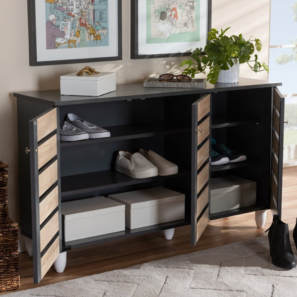 Baxton Studio Baxton Studio Gisela Modern Two-Tone Oak Shoe Storage Cabinet with Ventilated Doors for Entryways 3-Door SC865513M-Sonama Oak/Dark Grey-Shoe Cabinet
