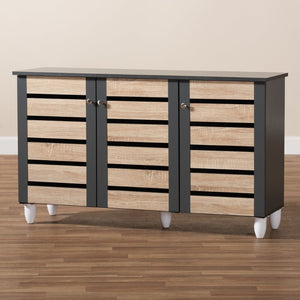 Baxton Studio Baxton Studio Gisela Modern Two-Tone Oak Shoe Storage Cabinet with Ventilated Doors for Entryways 3-Door SC865513M-Sonama Oak/Dark Grey-Shoe Cabinet