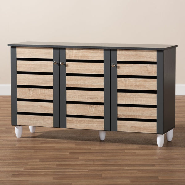 Baxton Studio Baxton Studio Gisela Modern Two-Tone Oak Shoe Storage Cabinet with Ventilated Doors for Entryways 3-Door SC865513M-Sonama Oak/Dark Grey-Shoe Cabinet
