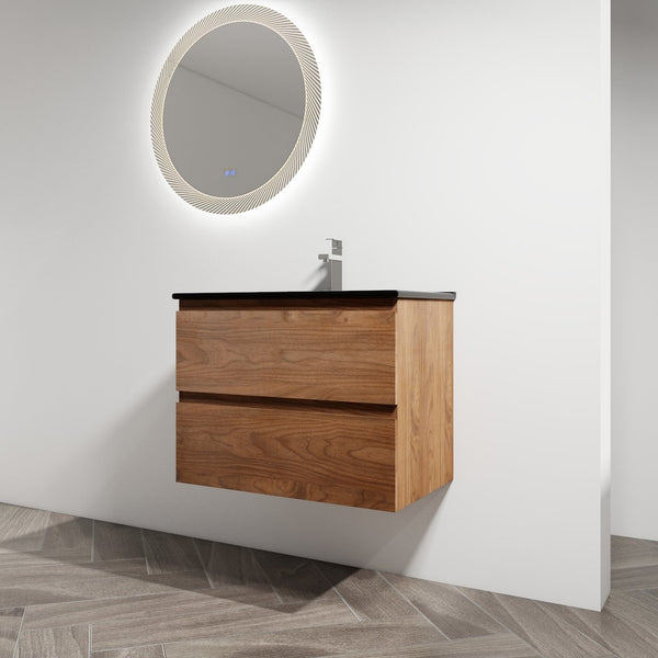 English Elm 30" Wall-Mounted Bathroom Vanity With Black Ceramic Sink & Soft-Close Drawers For Modern Spaces W999S00195