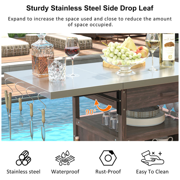 English Elm K&K 40.5" Outdoor Grill Cart with 201 Stainless Top, Solid Fir Storage, Drop Leaf & Lockable Wheels Brown N707P228272Z