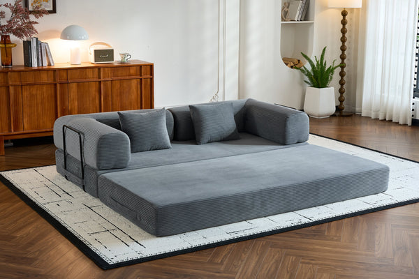 English Elm Convertible Sleeper Sofa Bed with Corduroy Upholstery, 4‑in‑1 Folding Couch Mattress, Space‑Saving Lounge Gray W3434P346243