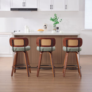 English Elm Set of 2 Swivel Counter Stools Walnut Frame Rattan Back Linen Seat Kitchen Island Light Green W1143P392164