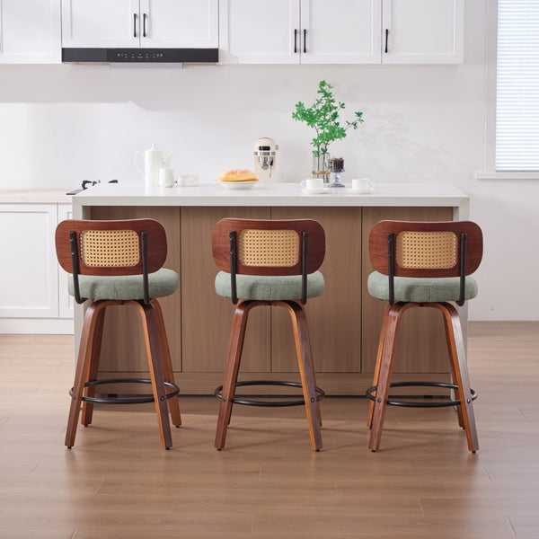English Elm Set of 2 Swivel Counter Stools Walnut Frame Rattan Back Linen Seat Kitchen Island Light Green W1143P392164
