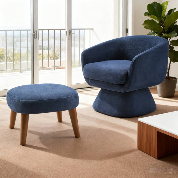 English Elm Lazy Swivel Barrel Chair and Ottoman Set Upholstered Modern Reading Nook Accent Blue W2085P381037