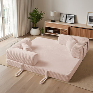 English Elm Compression Foldable Floor Sofa Bed Corduroy Futon with Foam Support for Small Spaces Pink W3716P379194