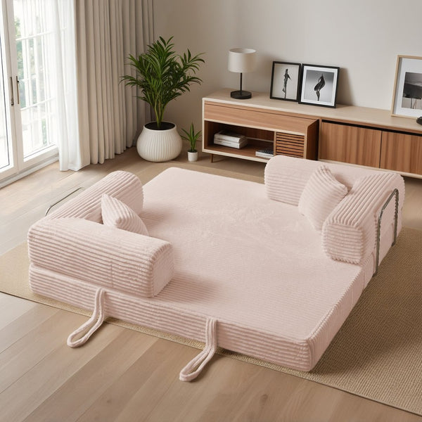 English Elm Compression Foldable Floor Sofa Bed Corduroy Futon with Foam Support for Small Spaces Pink W3716P379194