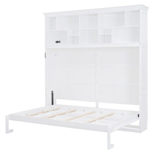 English Elm Queen Murphy Wall Bed Cabinet with Integrated Shelves Usb Charging Space Saving Design White LP006668AAK-1