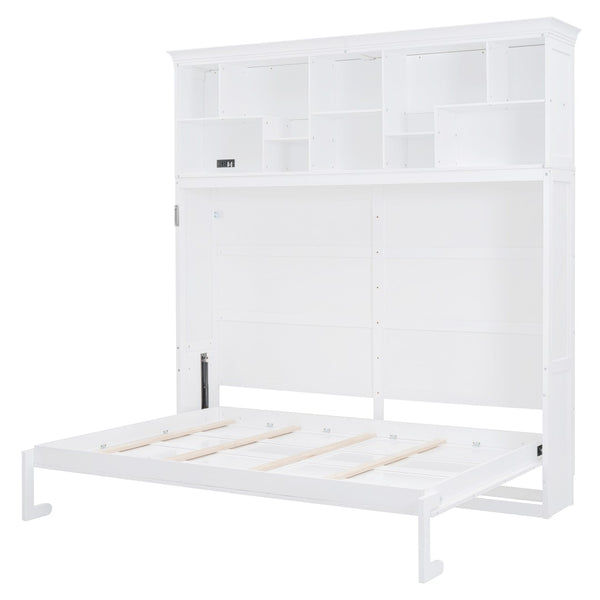 English Elm Queen Murphy Wall Bed Cabinet with Integrated Shelves Usb Charging Space Saving Design White LP006668AAK-1