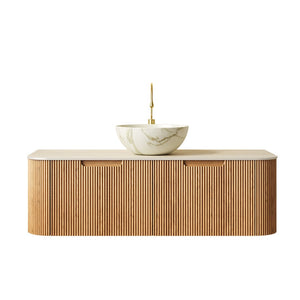 English Elm Dina Floating Bathroom Vanity with Crystal Glass Basin and Sintered Stone Top Beige,Natural Wood,White W2615S00700