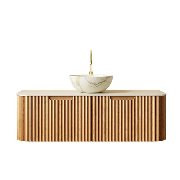 English Elm Dina Floating Bathroom Vanity with Crystal Glass Basin and Sintered Stone Top Beige,Natural Wood,White W2615S00700