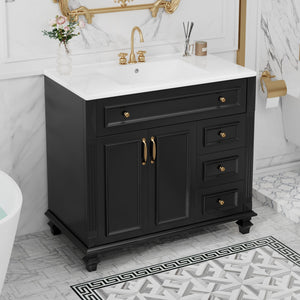 English Elm 36" Modern Bathroom Vanity with Ceramic Sink, Gold Handles, Flip-Out Drawer & Soft-Close Doors Black N725P283623B