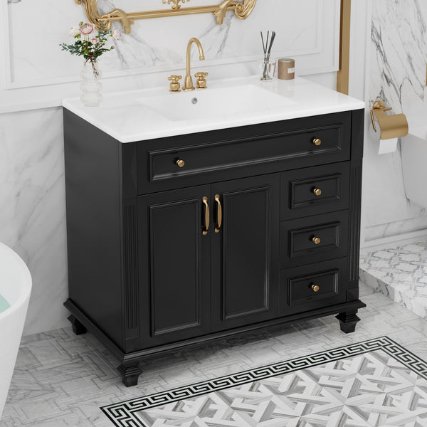 English Elm 36" Modern Bathroom Vanity with Ceramic Sink, Gold Handles, Flip-Out Drawer & Soft-Close Doors Black N725P283623B