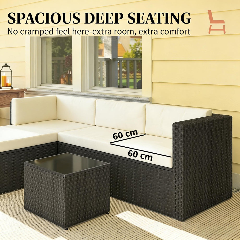 English Elm Comfortable Outdoor 3 Piece Pe Wicker Patio Set with Chaise Sofa and Glass Table Beige,Dark Brown T3971S00209