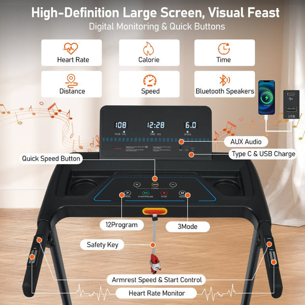 English Elm Treadmill Foldable Home Gym with 3hp Motor Incline Cushioned Belt and Bluetooth Speaker N728P337620B