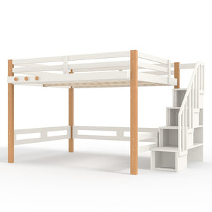English Elm Twin Pine Wood Loft Bed with Built-in Shelving and Hook for Kids Bedroom W5305S00011