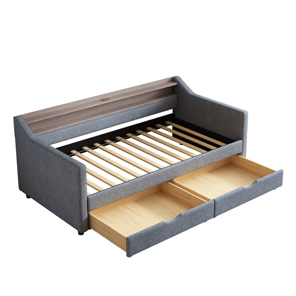 English Elm Twin Size Daybed With Smart Led Light, Usb Ports & 2 Storage Drawers - Modern Linen Sofa Frame W2336S00027-GIGA