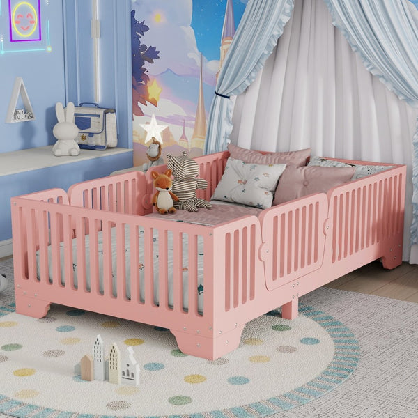 English Elm Twin Montessori Floor Bed with Safety Rails Hinged Door and Plywood Slats for Kids Pink W2593P381410