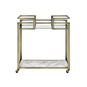 English Elm Neilo Brushed Brass 2-Tier Serving Cart with Faux Marble Top & Clear Tempered Glass Shelves, 32" B2726P408081