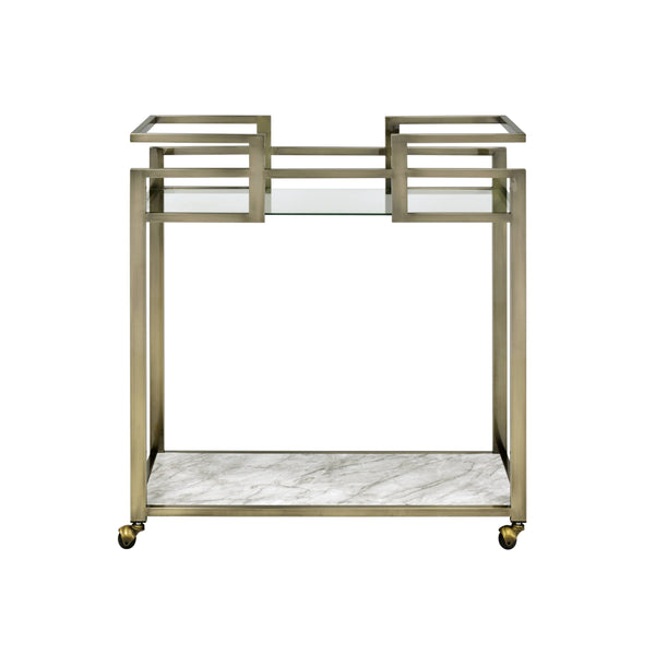 English Elm Neilo Brushed Brass 2-Tier Serving Cart with Faux Marble Top & Clear Tempered Glass Shelves, 32" B2726P408081