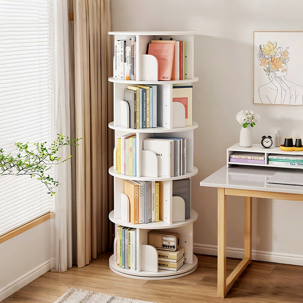 English Elm 5 Tier Rotating Bookshelf Tower with Curved Edges, 360° Smooth Spin, Stable Double-Layer Base, Space-Saving Storage White W3204P293743