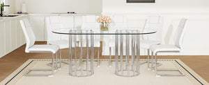 English Elm Table and Chair Set Oval Glass Top Twin Column Base with Six Pu Leather Seats Silver,Transparent,White W1151S04738