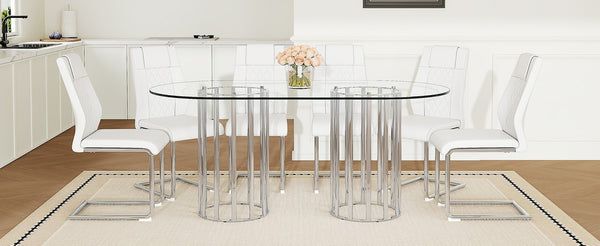 English Elm Table and Chair Set Oval Glass Top Twin Column Base with Six Pu Leather Seats Silver,Transparent,White W1151S04738