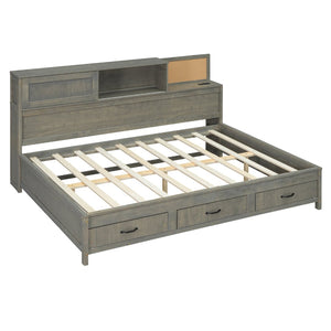 English Elm Full Size Gray Wood Daybed with Storage Drawers Shelf Usb Charging Upholstered Back LP002025AAE-1