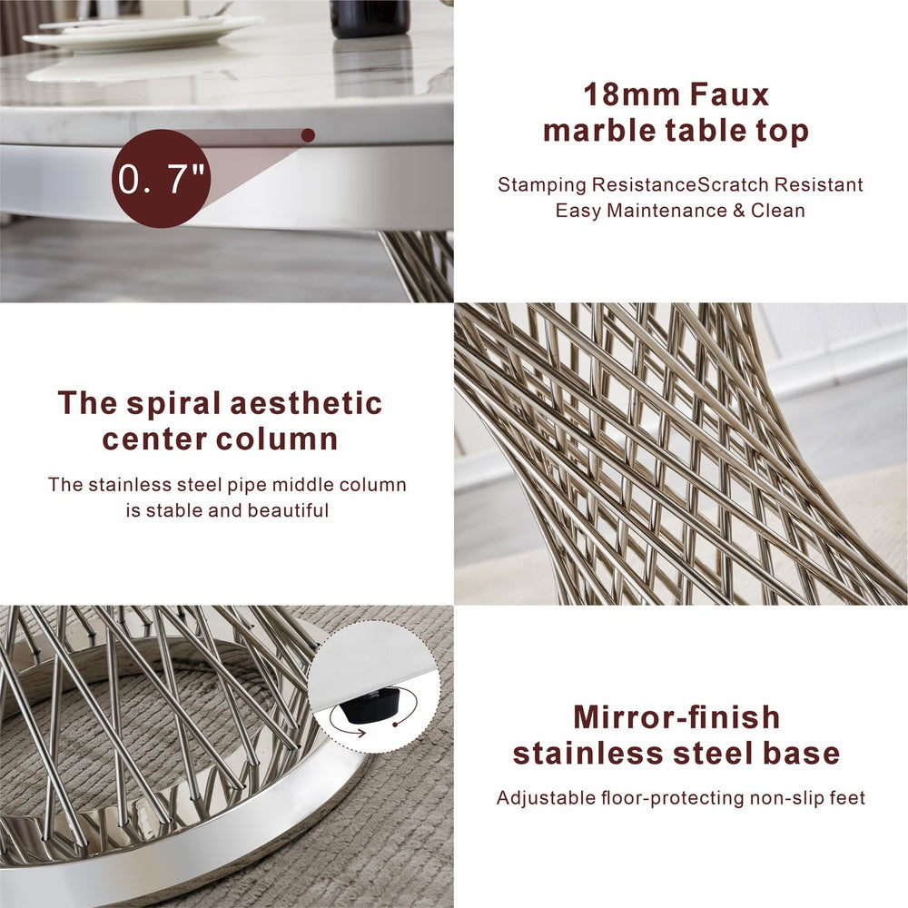 English Elm 47" Round Marble Dining Table - Modern High Gloss Faux Marble Top & Stainless Steel Base, Easy Care W3456S00001