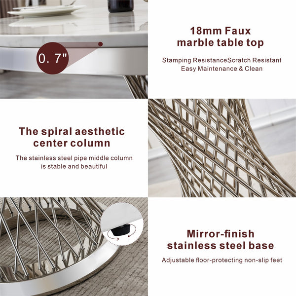 English Elm 47" Round Marble Dining Table - Modern High Gloss Faux Marble Top & Stainless Steel Base, Easy Care W3456S00001