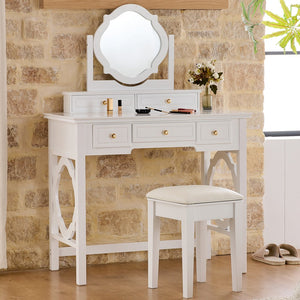 English Elm Compact Floral Makeup Vanity Table with Swivel Flower Mirror, 5 Drawers & PU Stool — Space-Saving Beauty Station N844P288535A